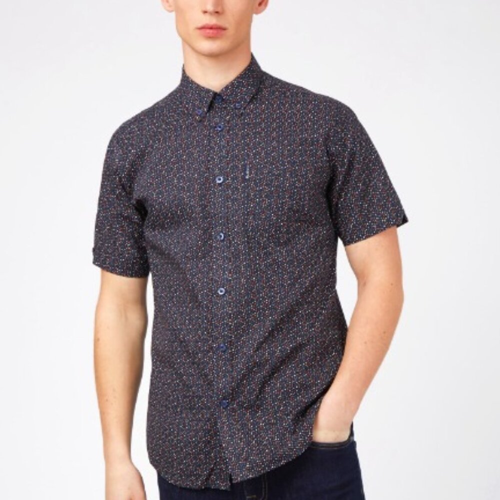 Ben Sherman MOD Classic Fit Short Sleeve Dark Navy Colorful Dot Shirt- S…